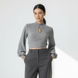 Modern Minimalist Grey Ribbed Tie-Back Top with Keyhole Detail – Size S